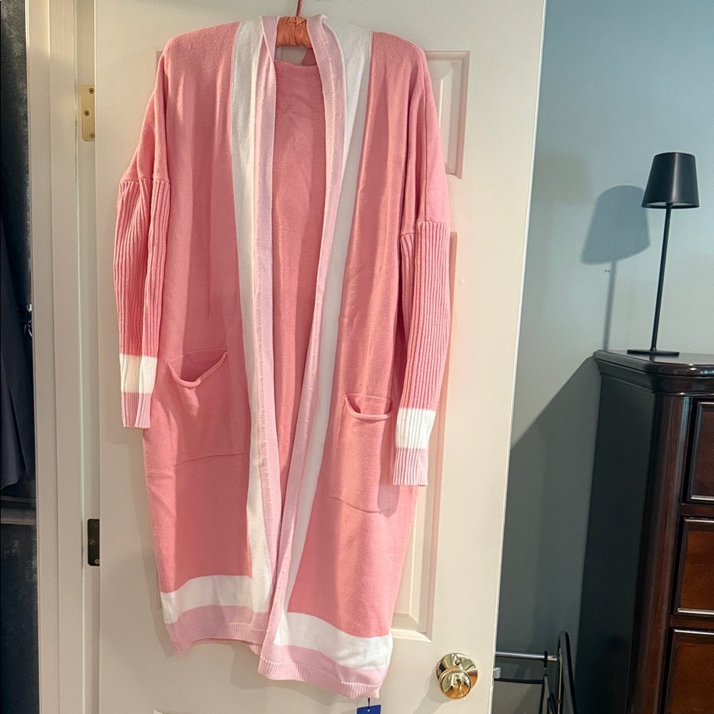 Pink and White Women's Sweater Cardigan